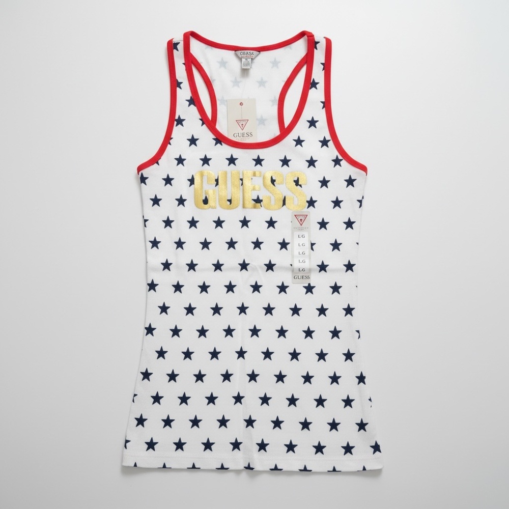 Guess White Star-Print Tank with Gold Logo and Red Trim